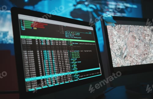 Preview: Cybersecurity Data on Computer Screens in a Dark Room