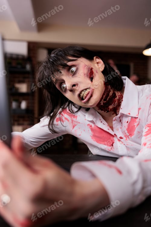 Preview: Devil woman zombie looking at laptop
