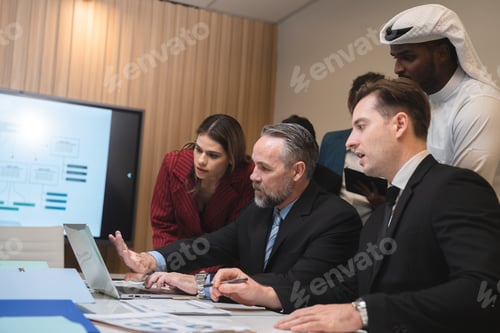 Preview: diverse business team leader discuss financial paperwork, Smart businessman and businesswoman