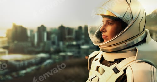 Preview: City, future and thinking with astronaut woman outdoor on planet earth for space exploration or tra