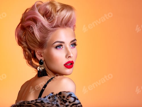 Preview: Beautiful face of young woman with red lips. Stunning blonde girl. Bright eye makeup.