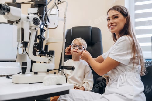 Preview: Trying new glasses. Little boy is having check up in the ophthalmologist cabinet