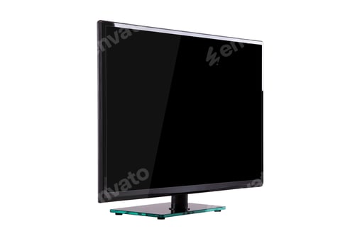 Preview: modern thin plasma LCD TV on a black glass stand isolated on a w