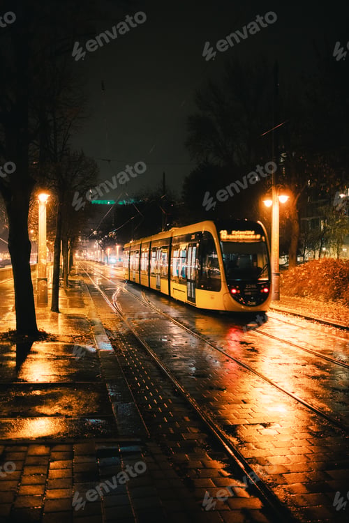 Preview: Budapest Tram Stopped On Wet Street