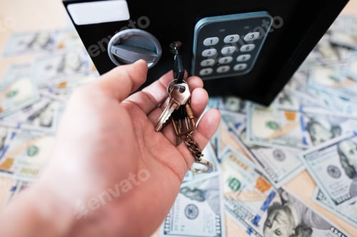 Preview: Male open with keys lock safe door against dollar money.