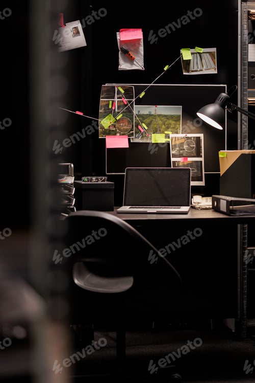 Preview: Detective board with clues over desk in inspector room