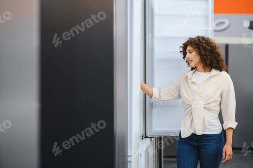 Preview: Woman choosing refrigerator in electronics store examining home appliances