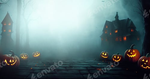 Preview: Background for Halloween night with a haunted mansion in an eerie fog