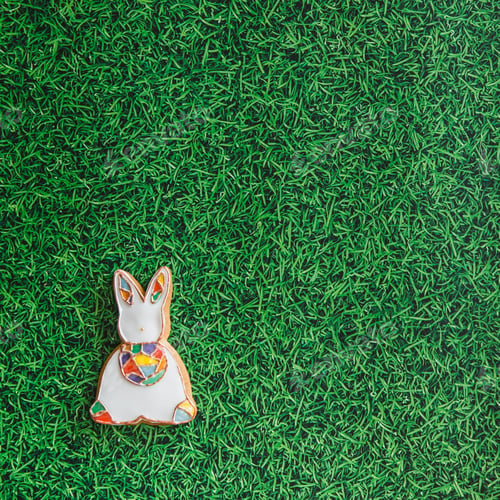 Preview: Easter composition with easter cookies rabbits on green grass background. Easter concept with copy