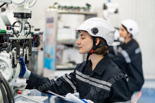 Preview: Female Engineer check and control automation robot arms machine in factory. robotics manufacturing.