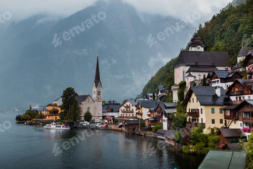 Preview: Hallstatt view in a foggy day and clouds between the mountains