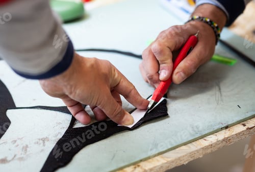 Preview: Shoe designer working with leather.