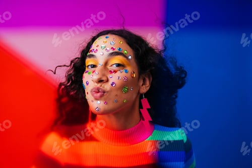 Preview: Creative studio portrait of beautiful hispanic woman with diastema