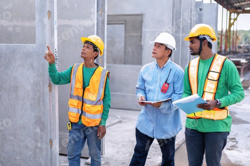 Preview: At building construction site supervisor check quality precast concrete panel before installation