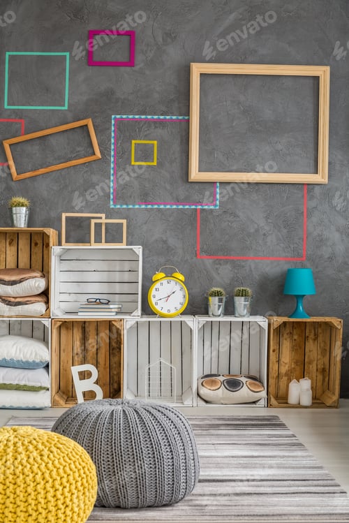 Modern Home Interior with Crates and Colorful Accents