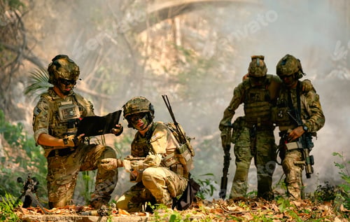 Preview: The army stop and discuss together before go to next place during fighting in the forest.