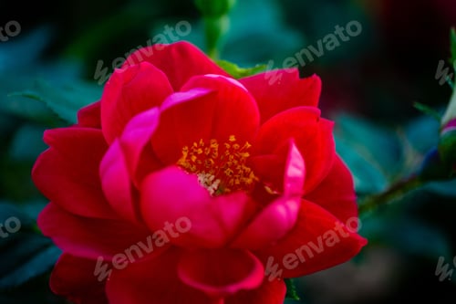 Preview: Closeup of a beautiful red camellia flower in a garden