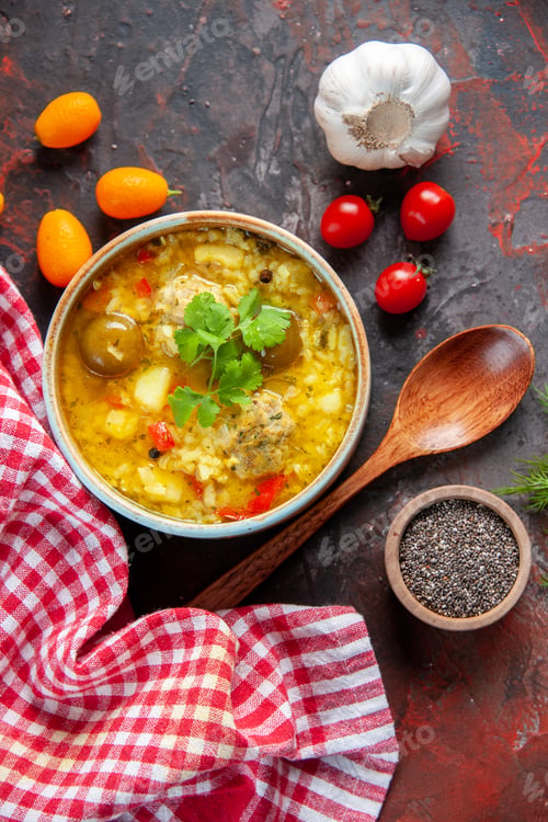Preview: top view tasty meat soup with potatoes and rice inside little plate on dark surface bread meal