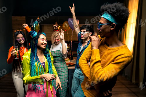 Preview: Group of friends making party at home on new year evening