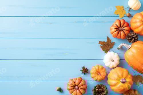 Preview: Top view of assorted pumpkins and autumn leaves arranged on a blue wooden background