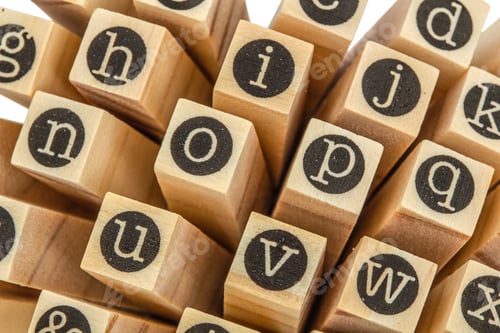 Preview: English alphabet lowercase, collage of isolated wood letterpress printing blocks