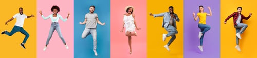 Preview: Energetic Group of Young Adults Jumping Against Vibrant Colorful Backgrounds