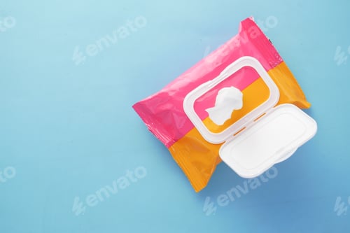 Preview: Cleansing wet wipes on table with copy space
