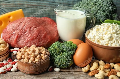 Preview: Different natural food on table. High protein diet