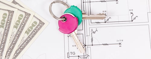 Preview: Currencies dollar, keys and construction drawing, buying or building house concept