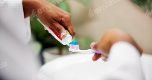 Preview: Oral hygiene, hands and toothpaste on toothbrush in home for brushing teeth, fresh breath and plaqu