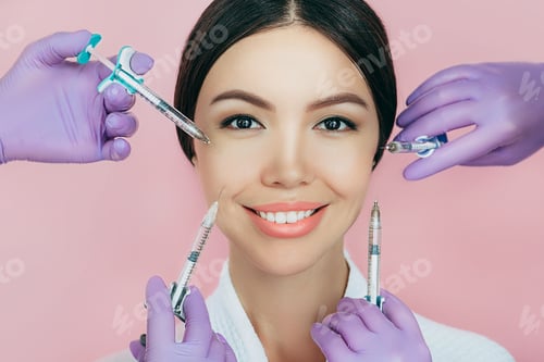 Preview: asian woman advertising concept of skin rejuvenation using beauty injection on pink background. lot