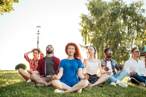 Preview: Group of adult mix-race friends meditating while practice yoga outside in park.