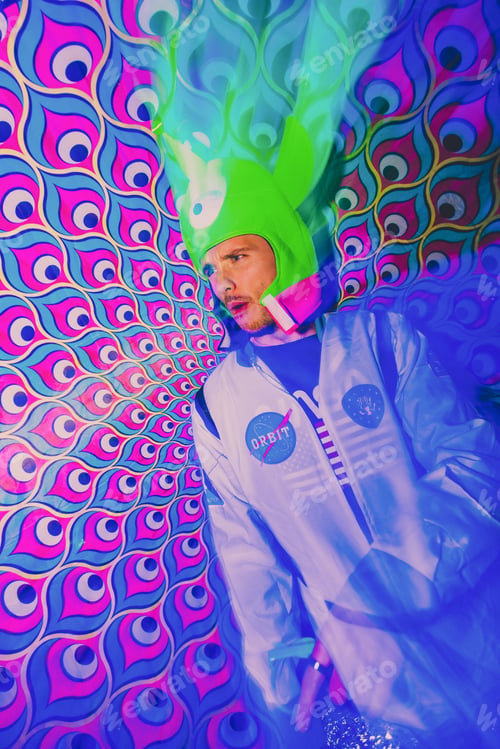 Preview: Vibrant nightlife scene in Bristol with a man dancing under neon lights in colorful attire