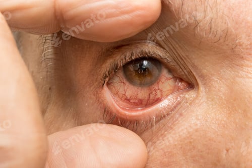 Preview: A senior Hispanic man with a pink eye infection in one of his eyes