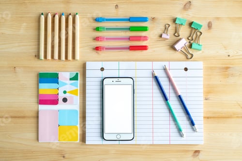 Preview: View of office or educational supplies on wooden table