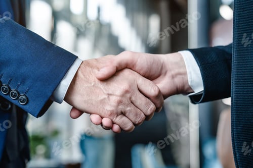 Preview: Close up of two business persons shaking hands in office lobby
