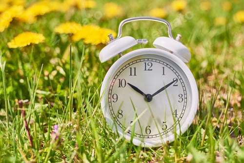 Preview: White vintage alarm clock in the grass with dandelion flowers.