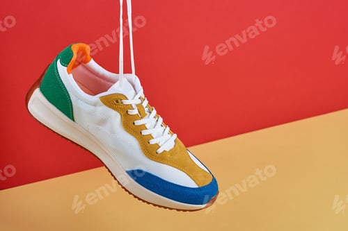 Preview: Stylish trendy shoes on red background