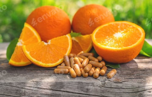 Preview: orange essential oil in a bottle. Selective focus.