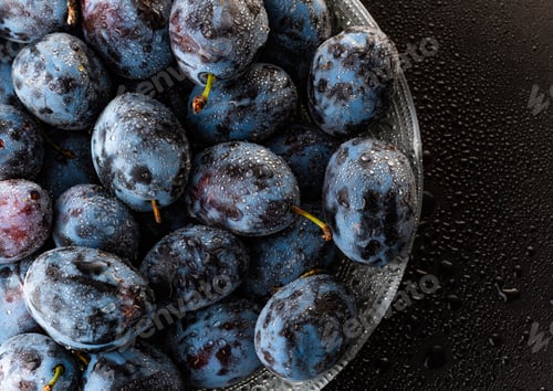 Preview: Wet Ripe Plums covered with water drops, closeup