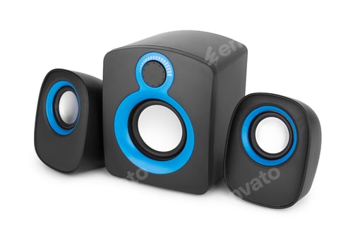 Preview: Computer Speakers Black and Blue on White Backdrop