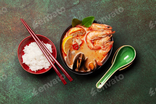 Preview: Traditional Thai soup Tom Yum and rice bowl