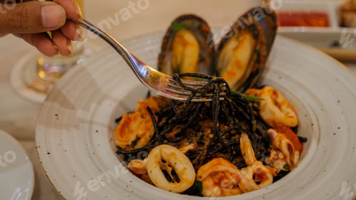 Preview: Black squid ink spaghetti on a plate with fork and seafood