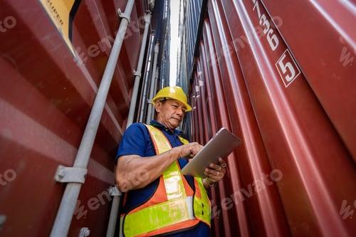Preview: Foreman or worker work at Container cargo site check up goods in container.