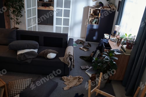 Preview: Modern Living Room Interior Showing Messy Furniture and Scattered Books