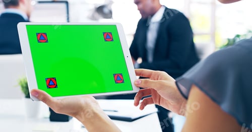 Preview: Green screen, hands and tablet with business people in office for agenda, research or review. Displ
