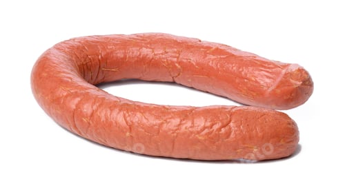 Preview: Smoked sausage on a white isolated background. Krakow meat sausage