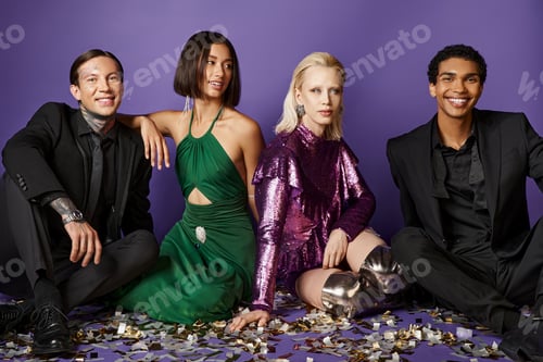 Preview: New Year 2024, interracial friends in party clothes sitting on festive confetti on purple backdrop