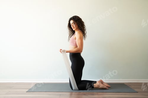 Preview: Good-looking young woman working out her arms with a resistance band