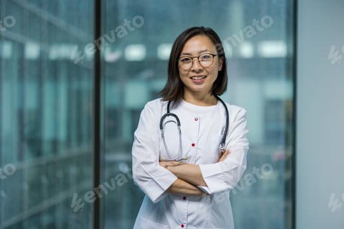 Preview: Asian woman doctor standing confidently with arms crossed in a hospital setting